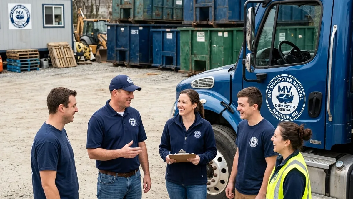 Dumpster delivery across the Nashua, NH service area MV Dumpster Rental Nashua delivering a roll-off dumpster across the Nashua service area